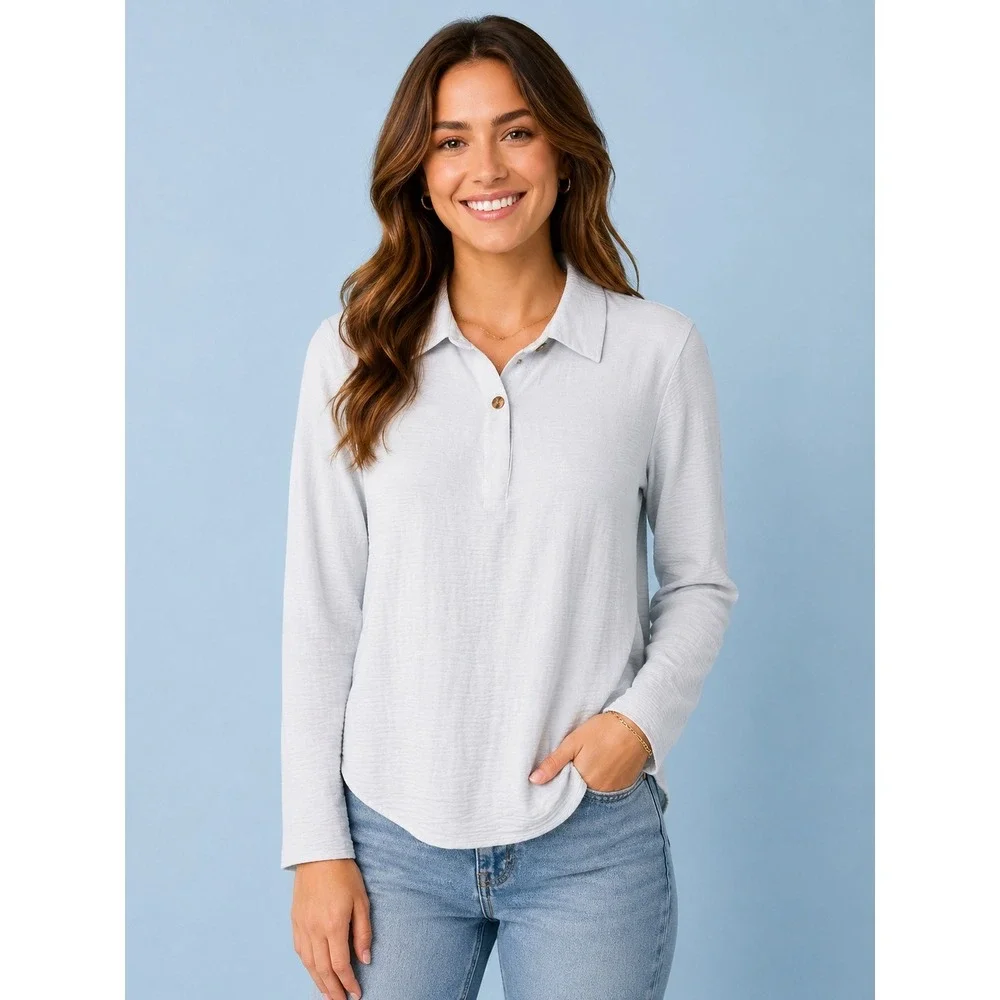 Michael Kors Womens Light Blue Crinkle Textured Long Sleeve Polo Top Size L